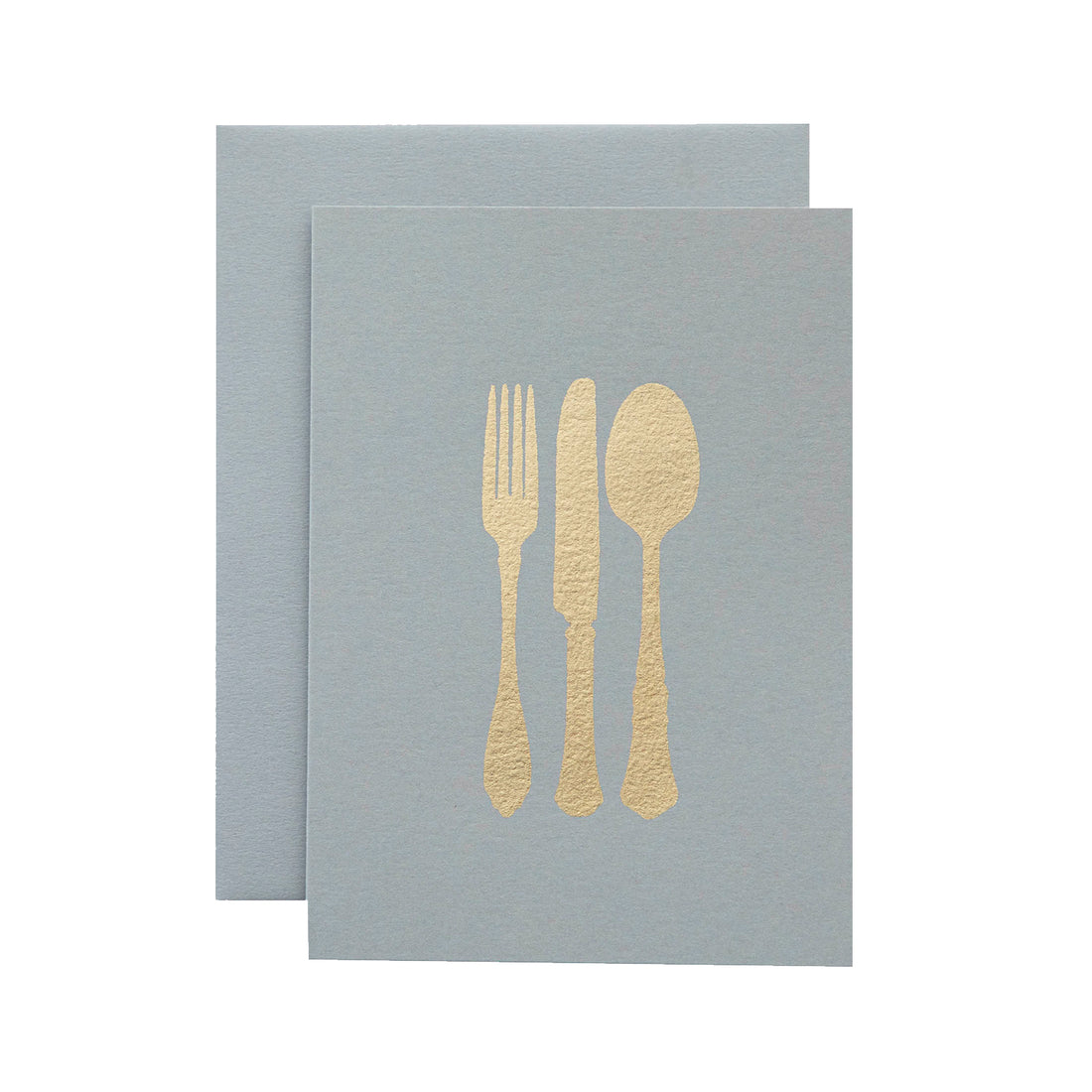 A light gray card with the silhouette of a fork, knife and spoon in solid gold leaf.