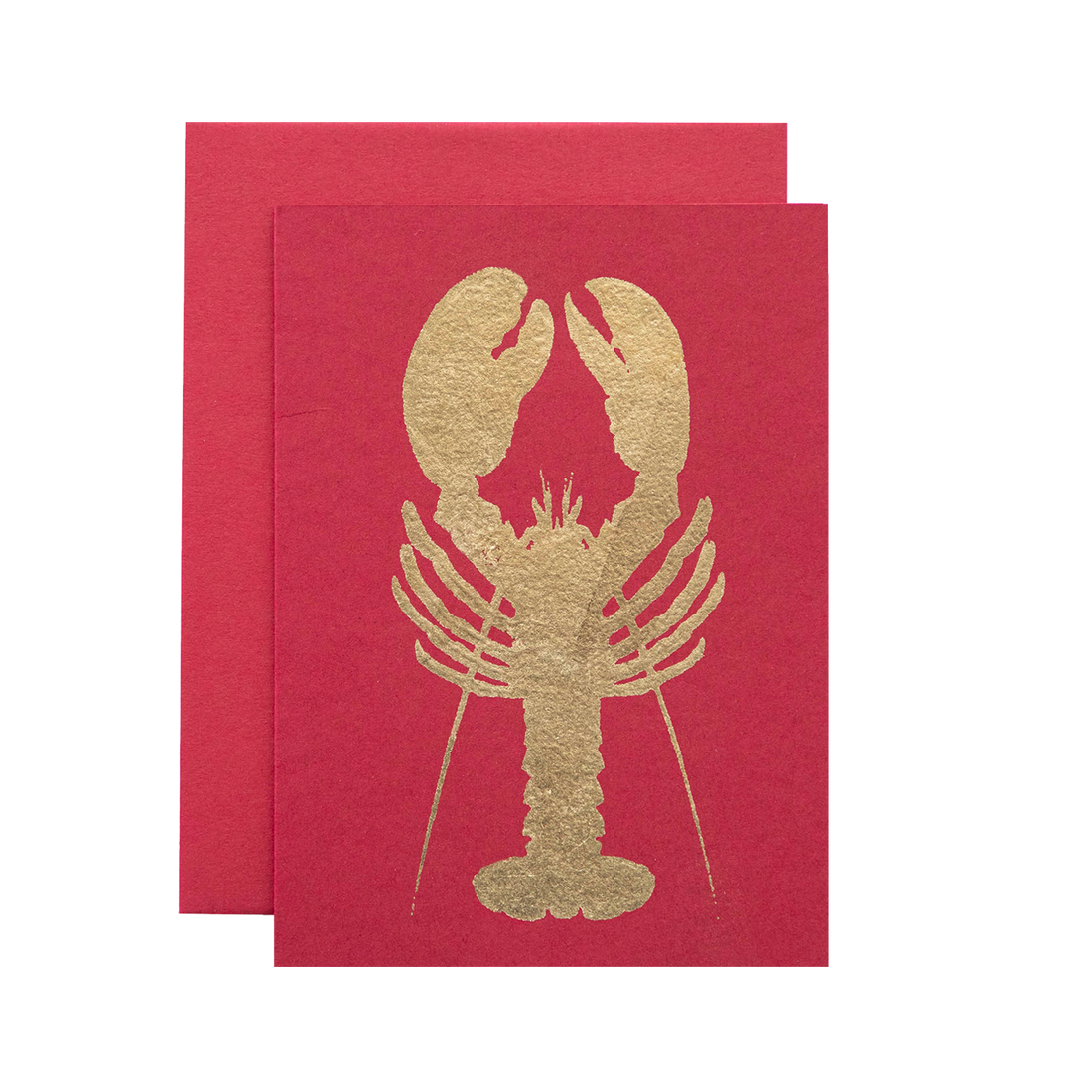 A red card featuring the silhouette of a lobster in solid gold leaf.