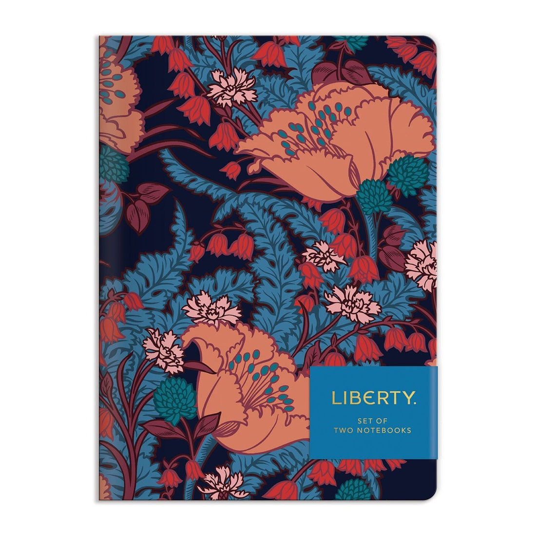 A set of two Chronicle Books Liberty London Floral Writers Journals with a colorful floral pattern on a dark background and the word "Liberty" on the cover, featuring lined pages.
