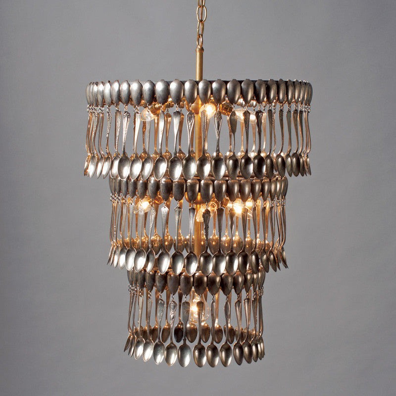 A handcrafted Triple Tier Spoondelier made by Hester & Cook hanging from a chain.