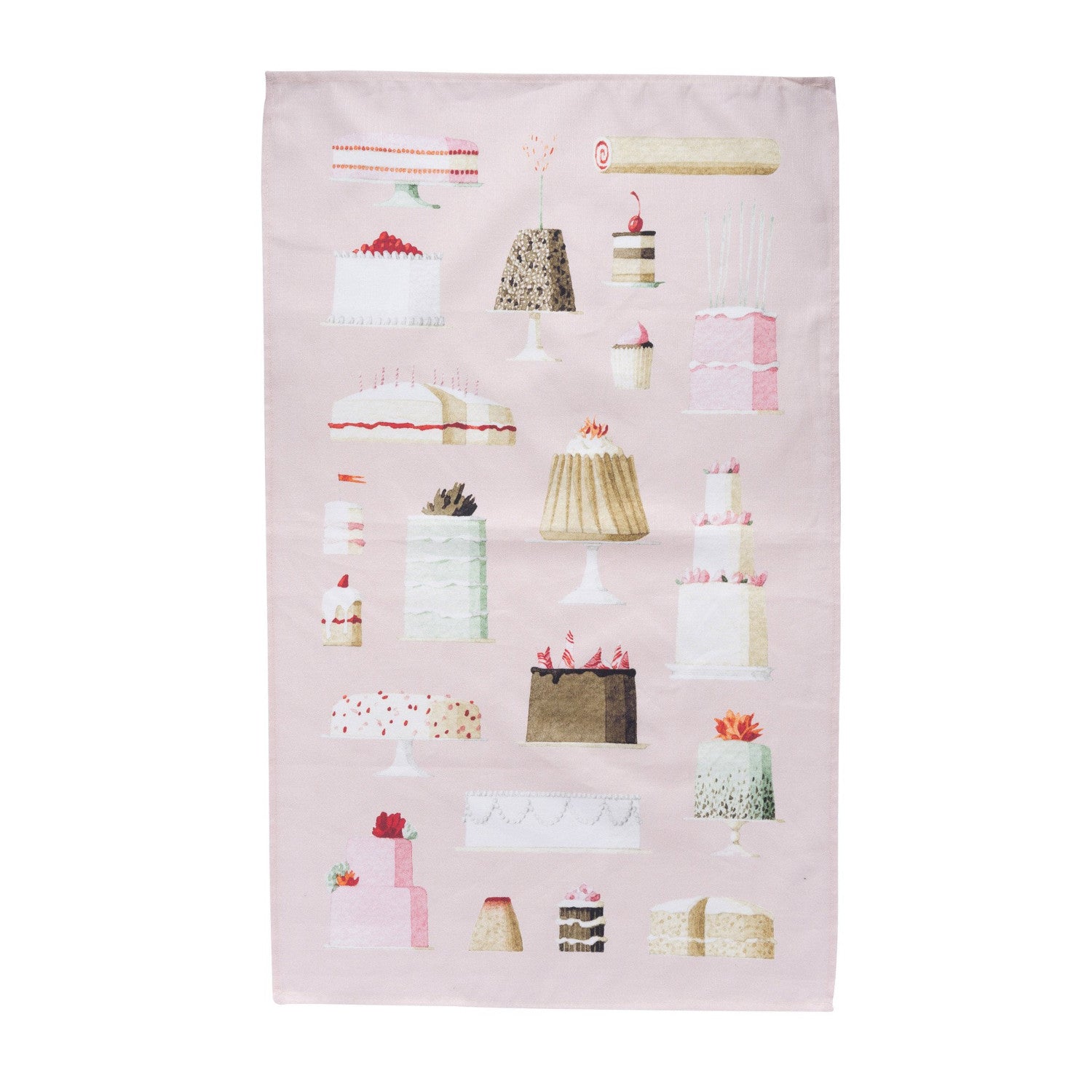 Assorted cakes and desserts illustrated on a pink Hester & Cook Cakes Tea Towel.