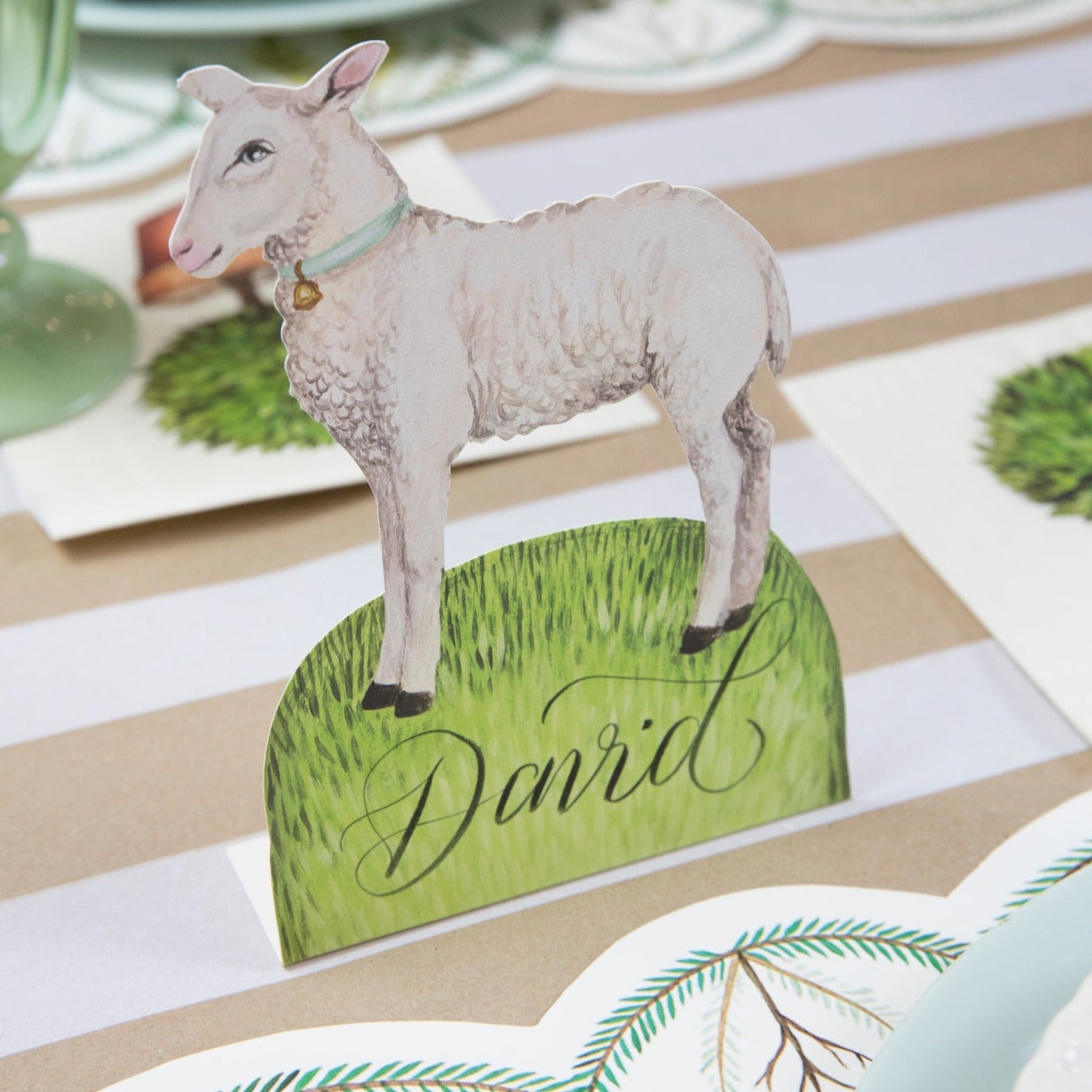 An Easter table setting with a Little Lamb place card from Hester & Cook.