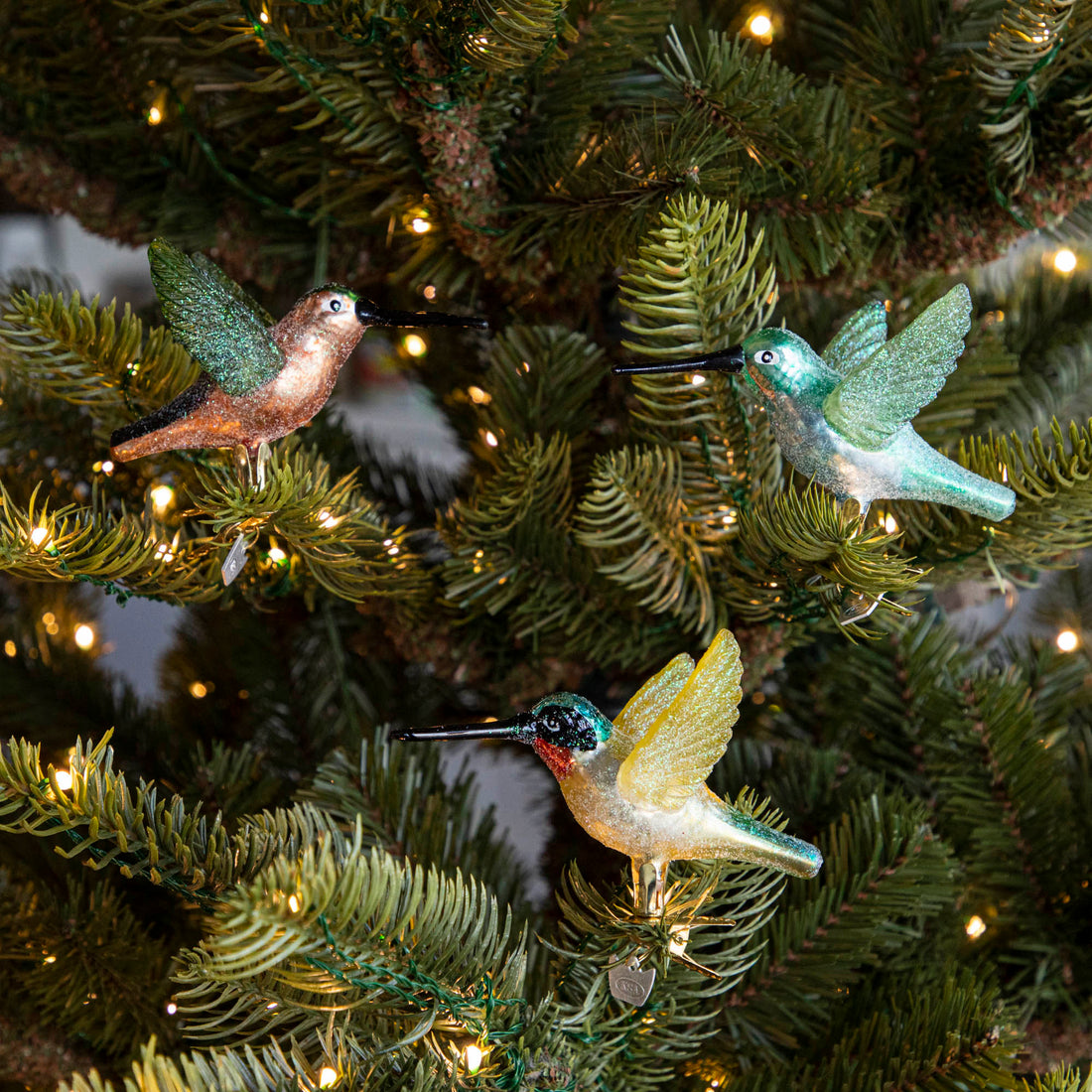 3 assorted colors of Glass Hummingbird Ornaments clipped into a tree. 