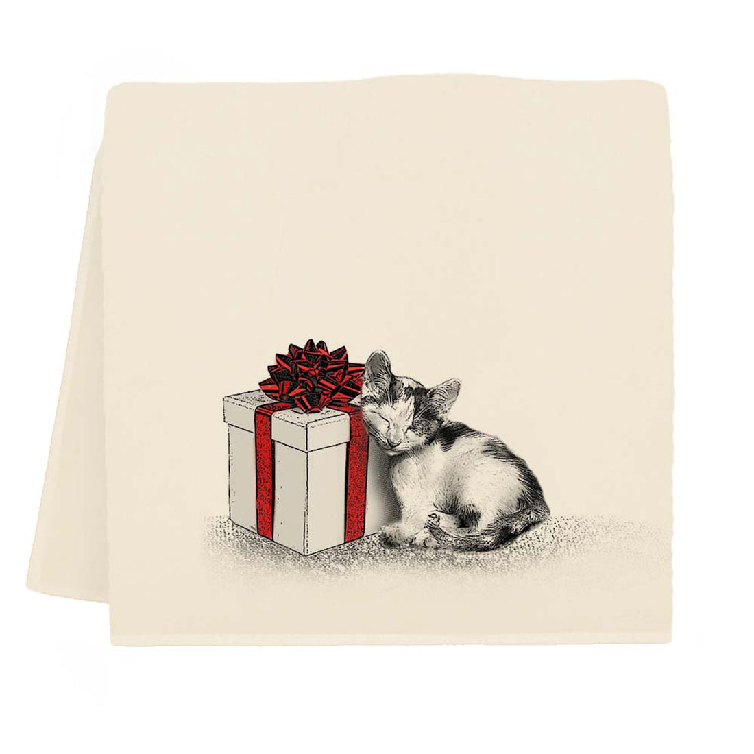 tea towel with image of a cat leaning against a wrapped gift