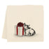 tea towel with image of a cat leaning against a wrapped gift