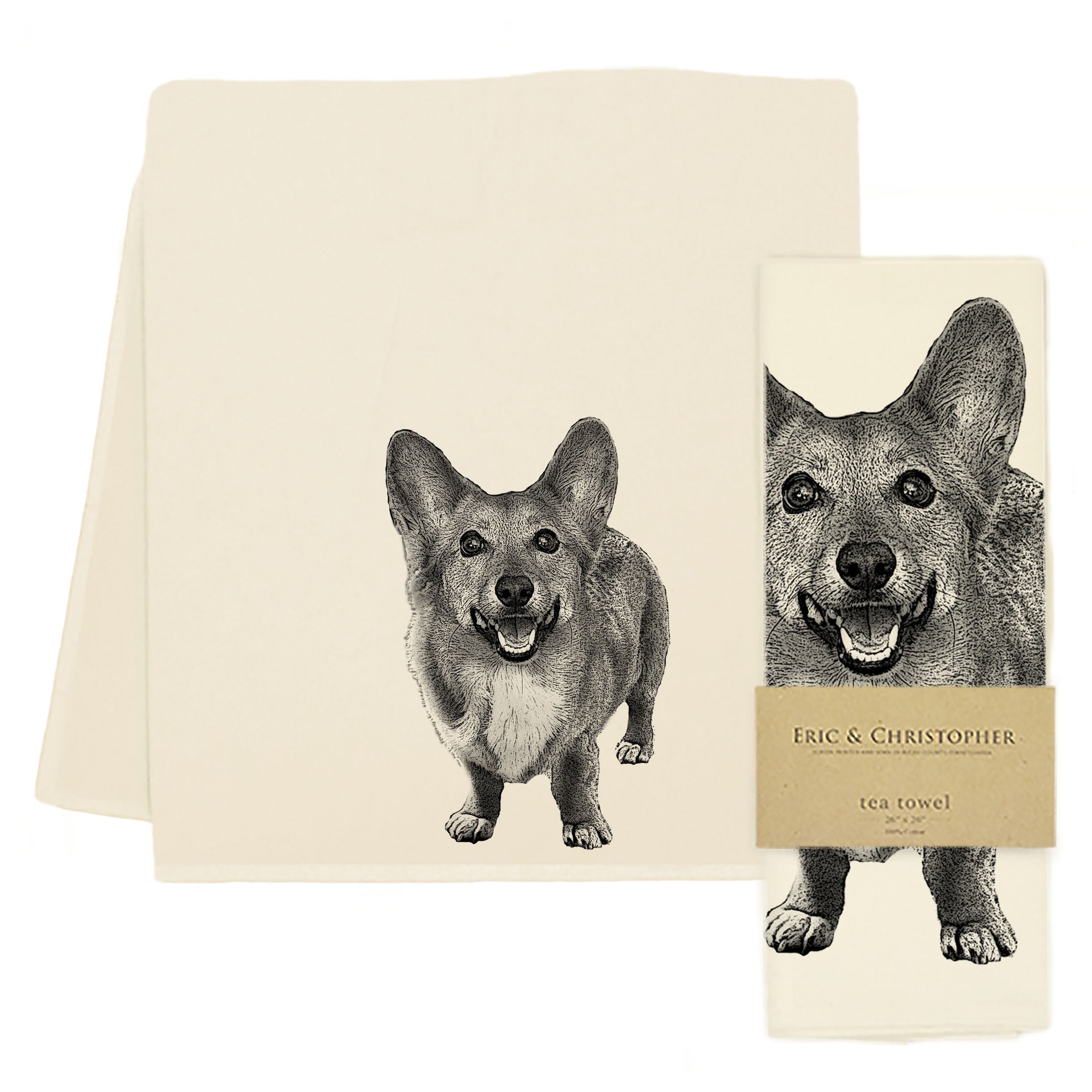 A black and white screen printed drawing of a corgi on Eric & Christopher Corgi Tea Towels.