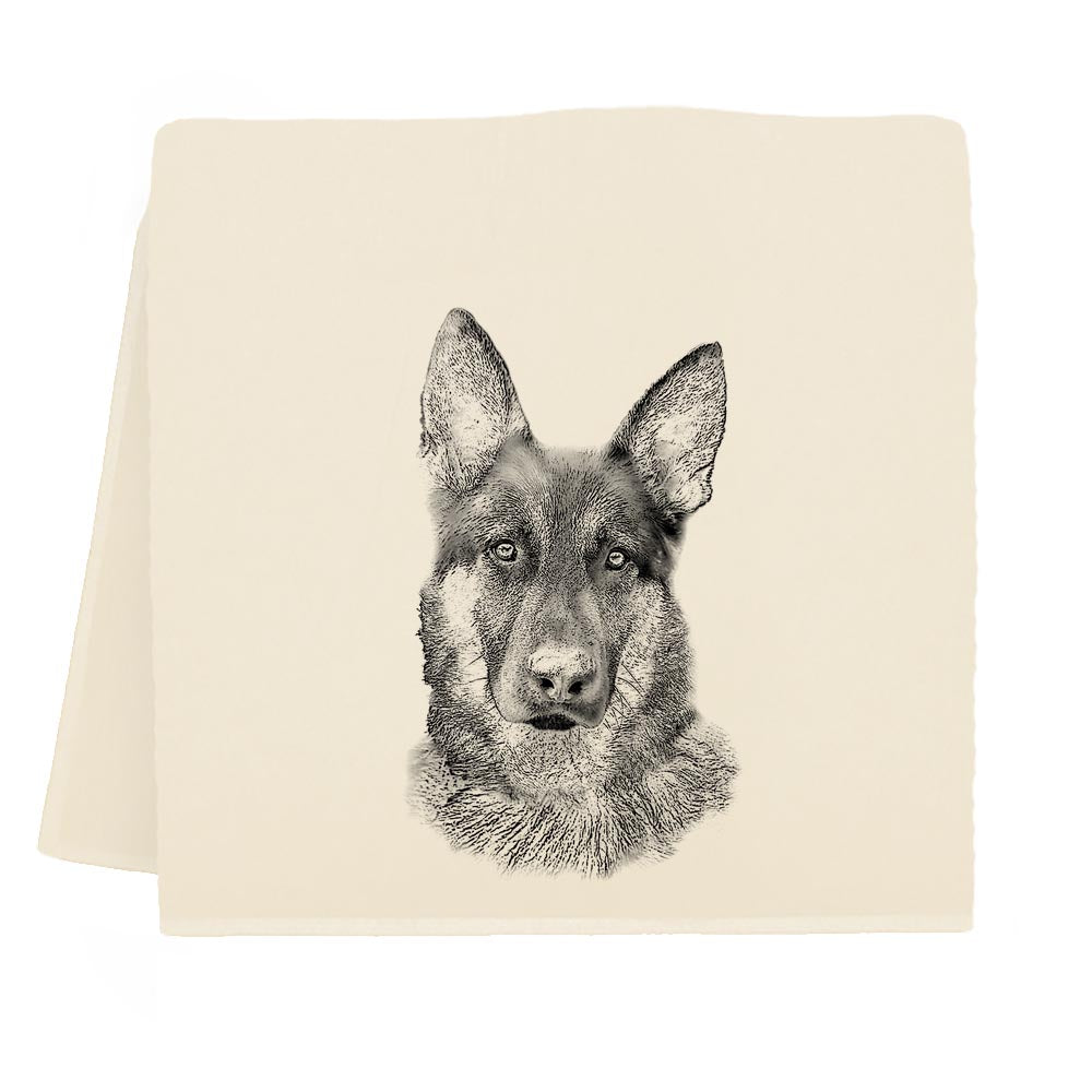 Screen-printed illustration of a German Shepherd Tea Towel by Eric & Christopher on a beige background.