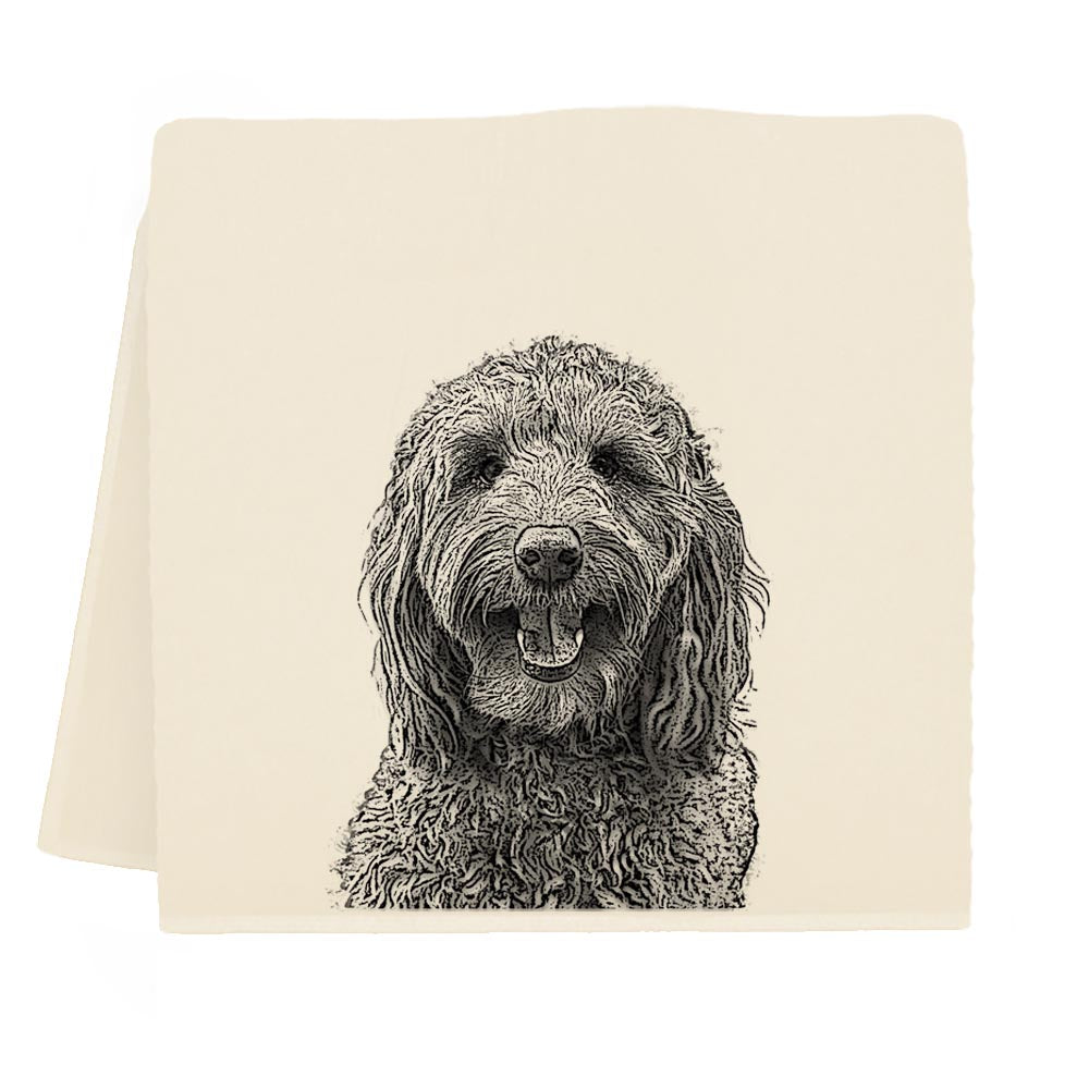 An Eric & Christopher Labradoodle Tea Towel with a drawing of a dog on it.