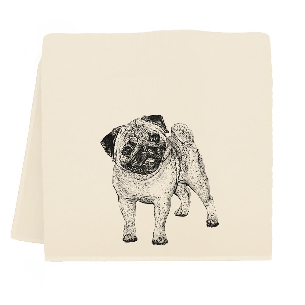 A drawing of a pug dog on an Eric & Christopher Pug Tea Towel.
