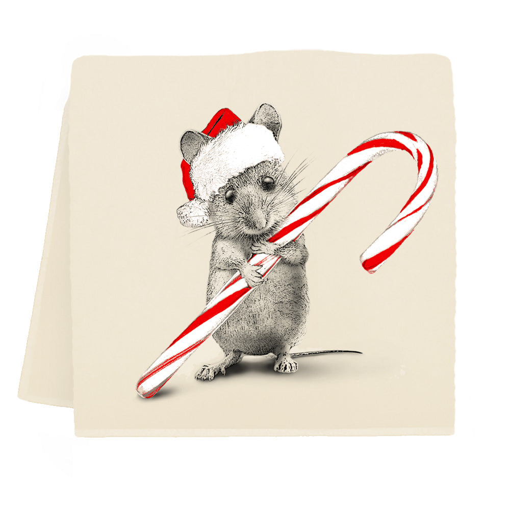 tea towel with a mouse wearing a Santa hat holding a candy cane printed on it.