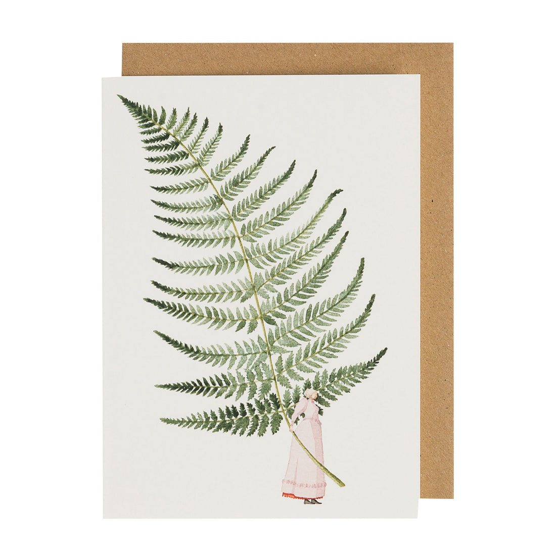 A greeting card featuring an illustration of a small woman holding a gigantic fern frond by the stem, with a kraft paper envelope included.