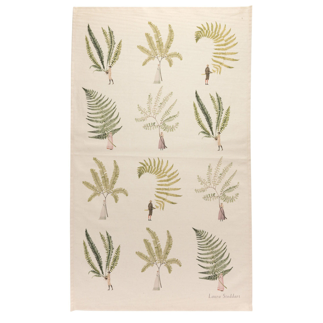 A natural linen tea towel featuring 12 illustrations of small people holding gigantic fern fronds by the stems.