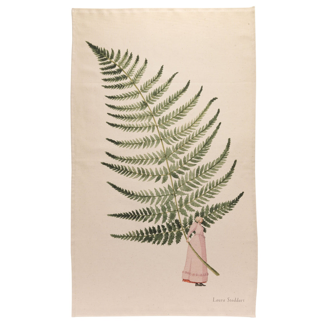 A natural linen tea towel featuring a stylized illustration of a woman in a pink dress holding a gigantic fern frond by the stem.