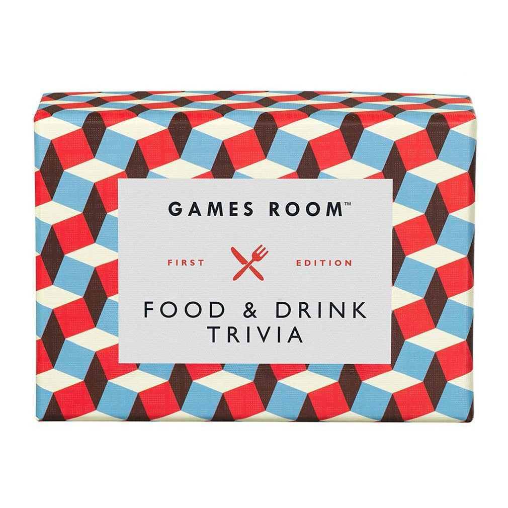 A box of "Food & Drink Quiz first edition" by Chronicle Books with a colorful geometric pattern design, perfect for social gatherings.