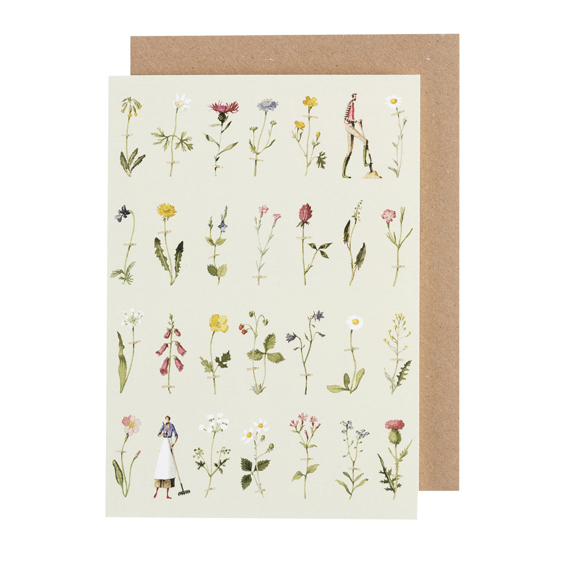 A pale green greeting card featuring a grid of illustrated wildflowers, with a man and woman holding gardening tools standing amongst the flowers. The included kraft paper envelope is tucked behind the card.
