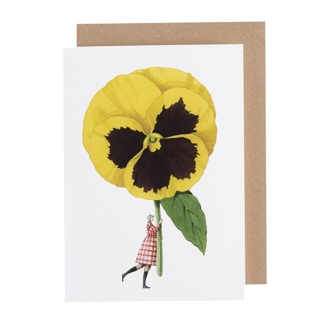 A white greeting card featuring a small woman holding a gigantic yellow and black pansy bloom by the stem.