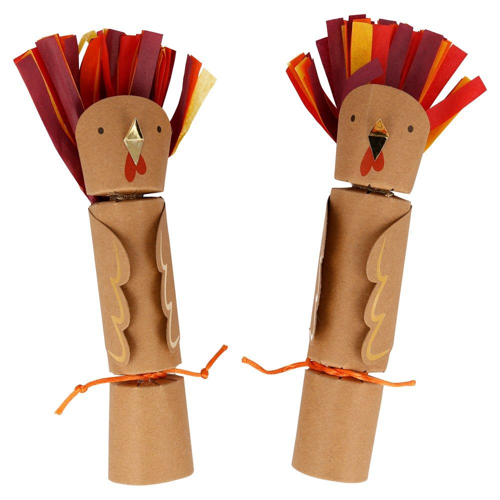 Crackers with a turkey face, tissue paper tail, gold foil beak and gold foil details