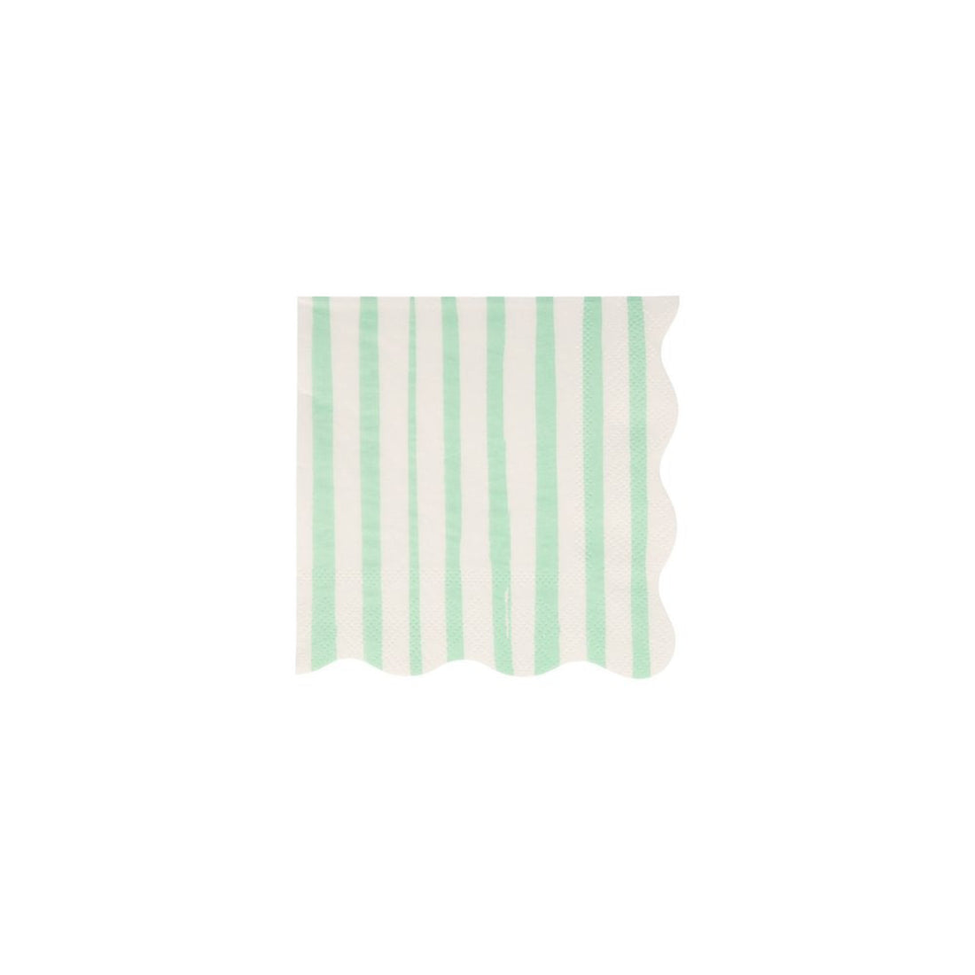Green and white striped, eco-friendly fabric swatch with a scalloped edge, like the Meri Meri Mint Stripe Napkin.