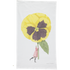 A white tea towel featuring a whimsical illustration of a small woman holding a gigantic yelllow pansy by the stem. Art by Laura Stoddart.