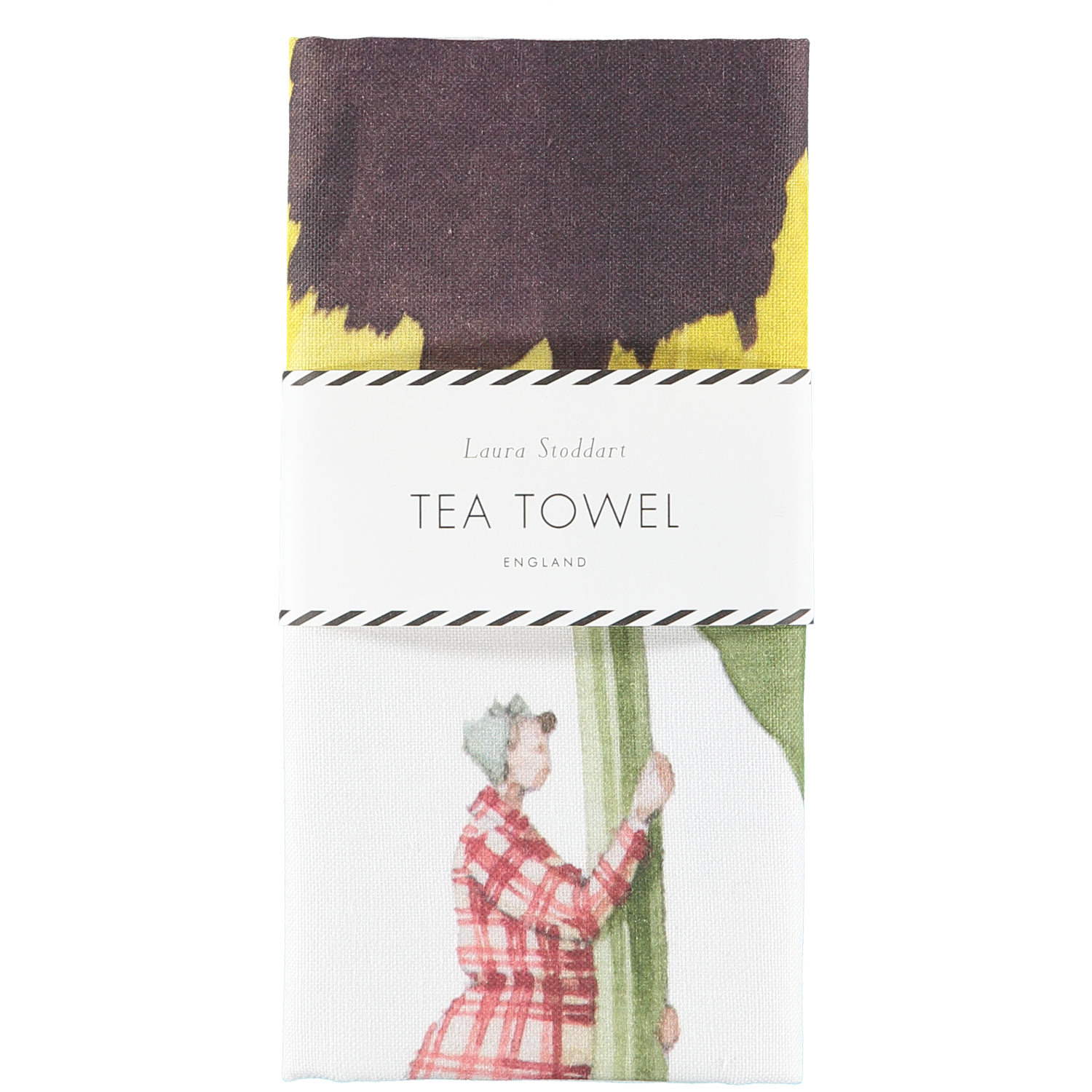 The Laura Stoddart Tea Towel in retail packaging, neatly folded with a white paper belly band.