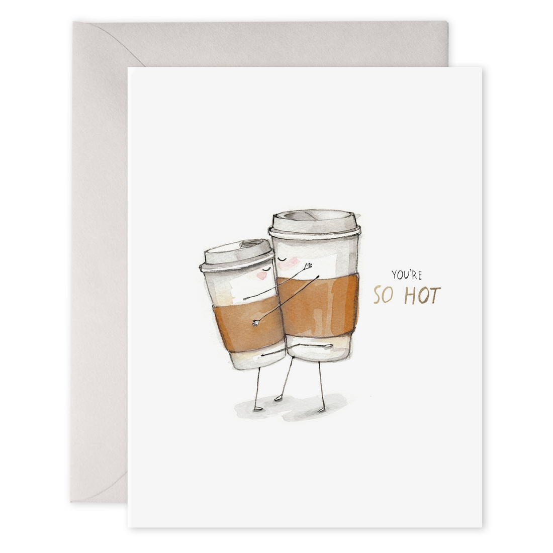 Illustrated greeting card featuring two anthropomorphized coffee cups hugging with the phrase "you&