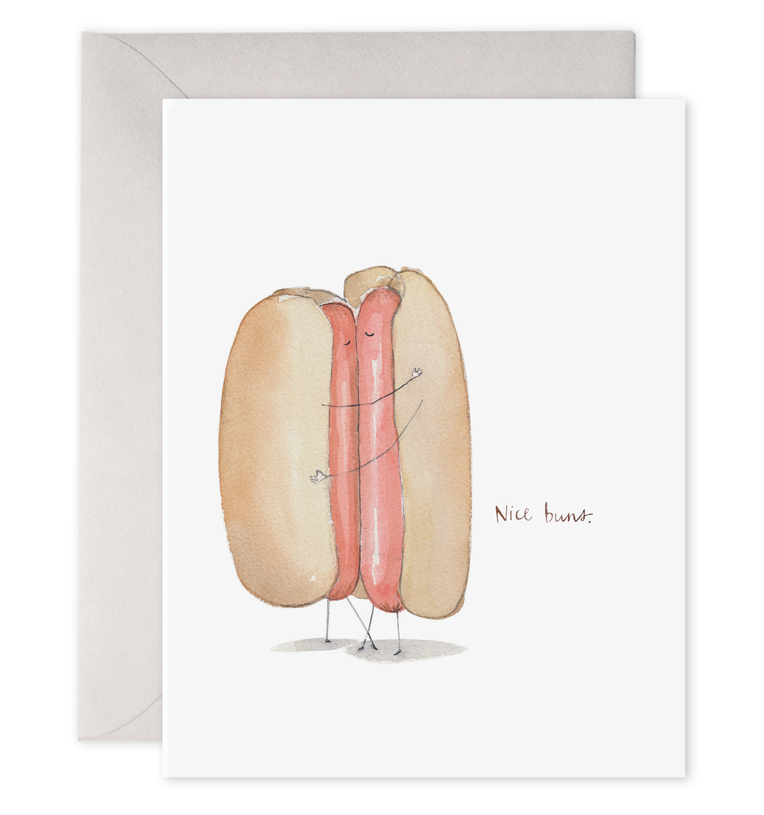 A Nice Buns Greeting Card with an illustration of hot dogs in buns by E. Frances.