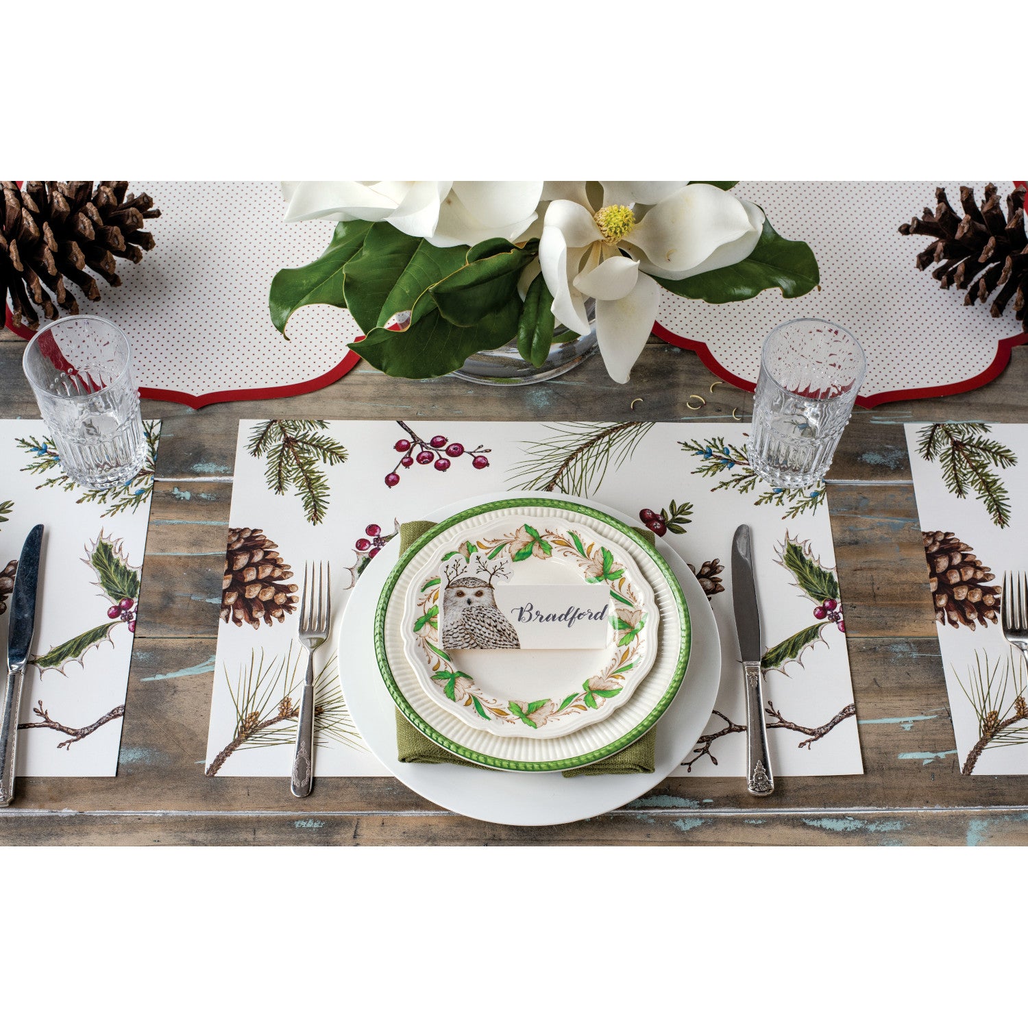 Seamless pattern of illustrated pine cones, branches, and holly berries on a neutral background, designed for Hester & Cook Winter Collage Placemats printed in the USA.