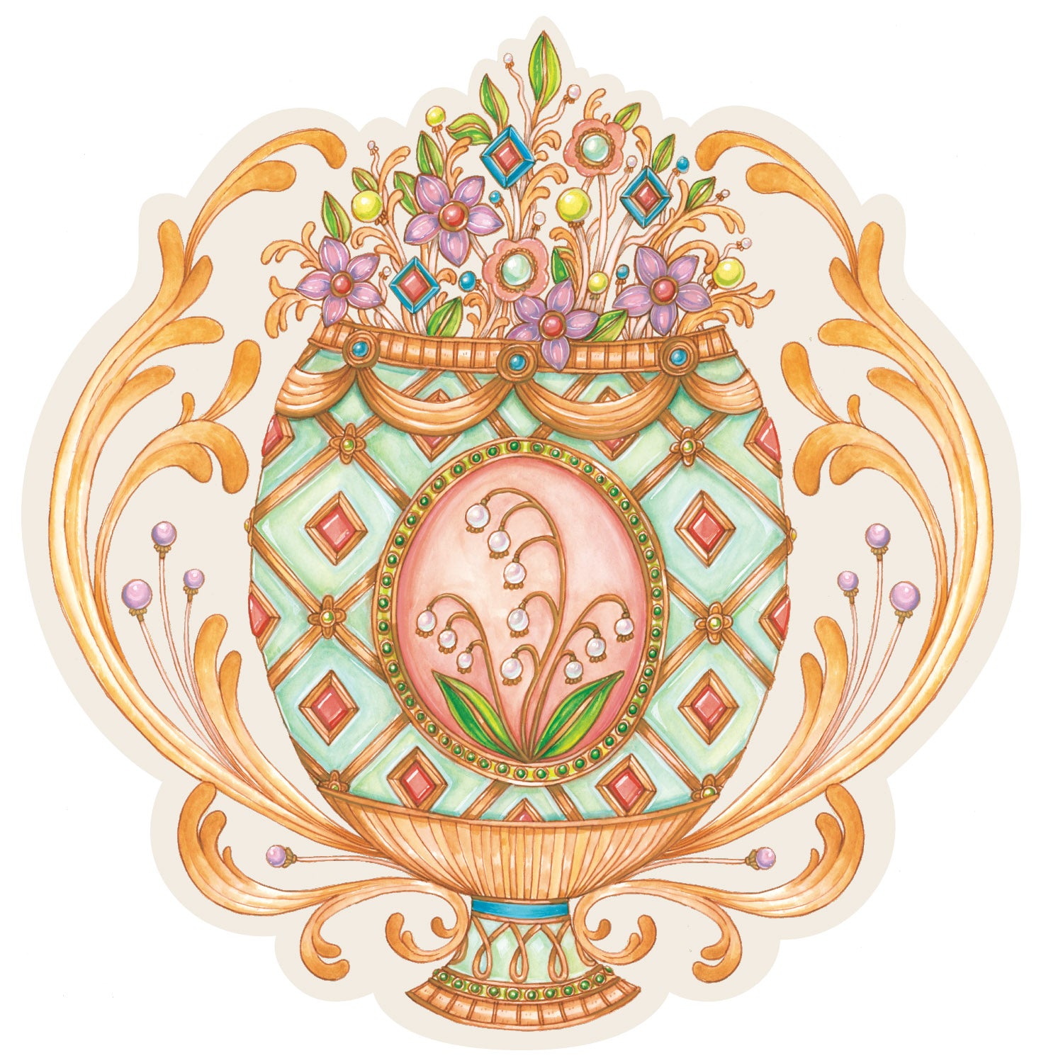 An elaborate Fabergé egg in teal, pink, green and gold, surrounded by gold filagree and bursting from the top with jeweled flowers, on a white background.