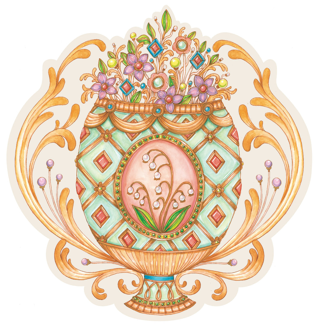An elaborate Fabergé egg in teal, pink, green and gold, surrounded by gold filagree and bursting from the top with jeweled flowers, on a white background.