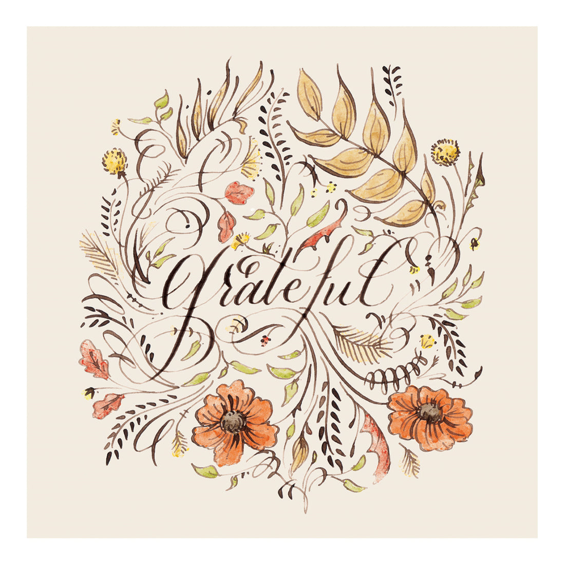 A square cocktail napkin featuring beautiful calligraphy reading "grateful" in deep brown, surrounded by brown, orange and yellow florals and filigree, on a white background.