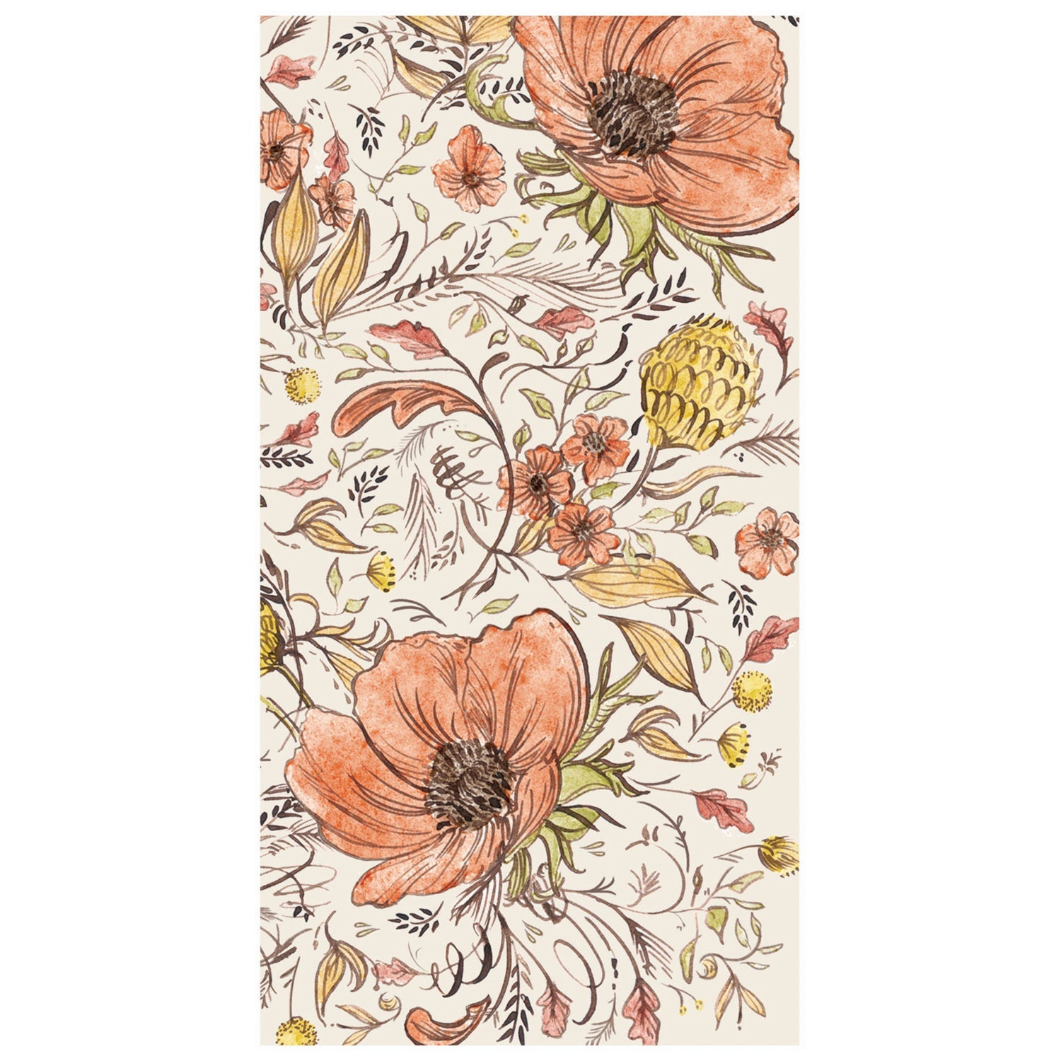 Edge-to-edge botanical design featuring large and small orange flowers, small orange and yellow leaves and seed pods, with painterly flourishes on a white background, on a rectangle guest napkin.