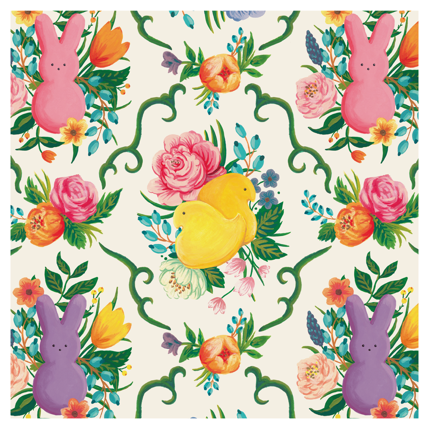 A square cocktail napkin featuring a repeating pattern of yellow PEEPS® chicks and purple or pink PEEPS® bunnies, surrounded by pink, orange and blue flowers and a grid of green fillagree.