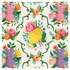 A square cocktail napkin featuring a repeating pattern of yellow PEEPS® chicks and purple or pink PEEPS® bunnies, surrounded by pink, orange and blue flowers and a grid of green fillagree.
