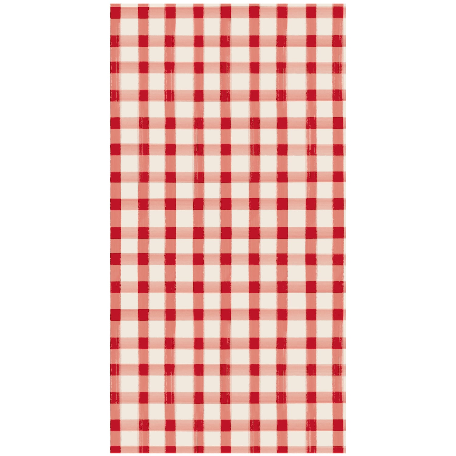 A rectangle guest napkin featuring painted gingham grid check pattern made of light red lines intersecting at red squares, on a white background.