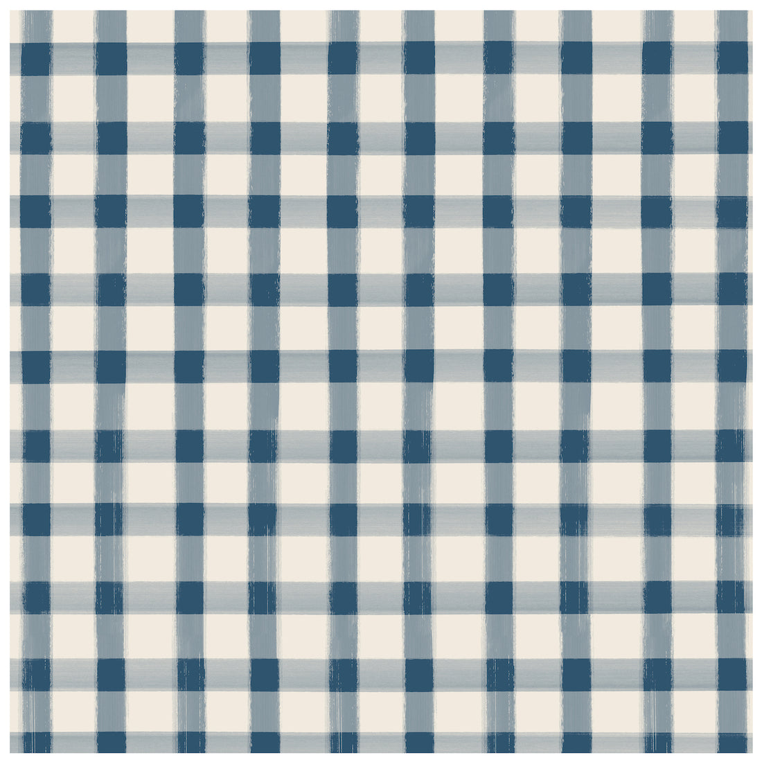 A square cocktail napkin featuring painted gingham grid check pattern made of light blue lines intersecting at blue squares, on a white background.