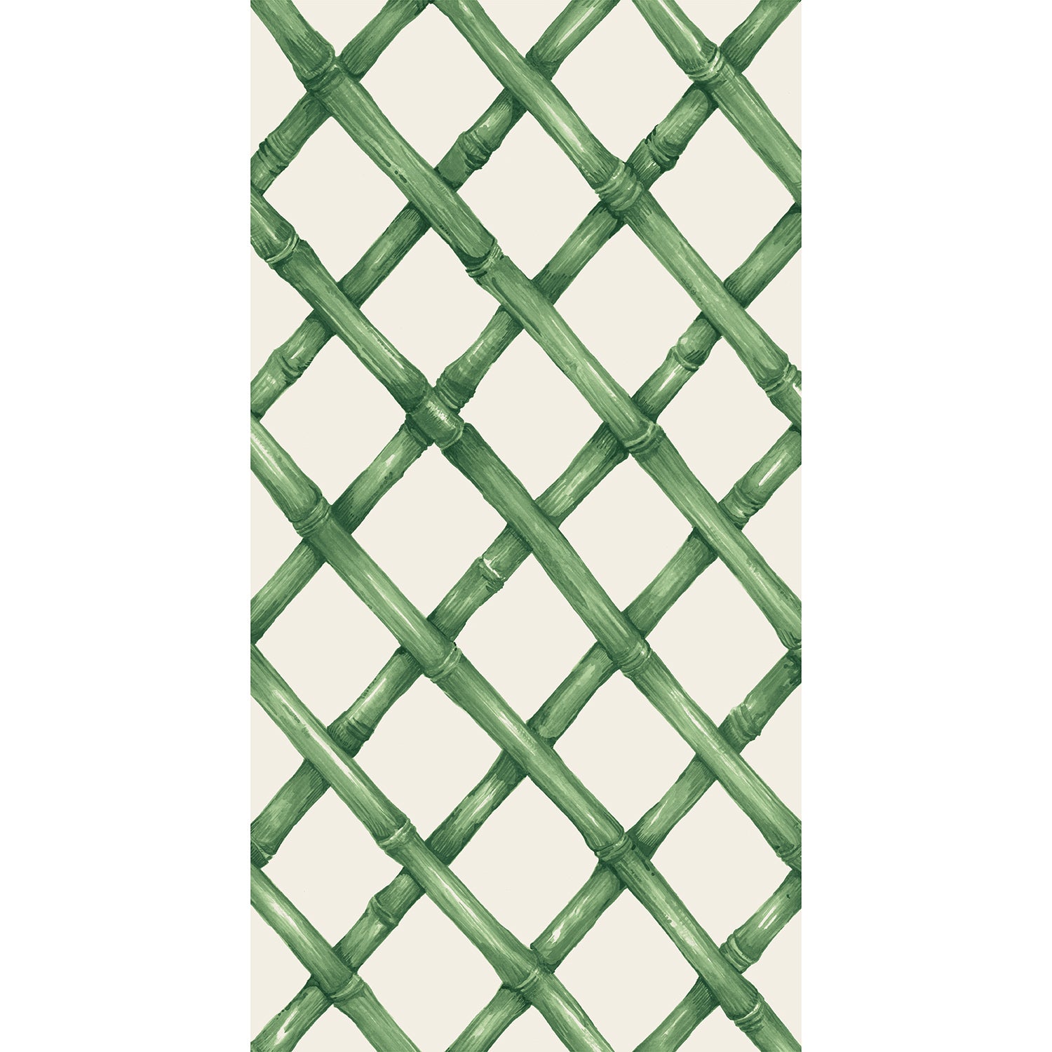 A diagonal woven bamboo pattern in monochrome green on a white background, on a rectangle guest napkin.