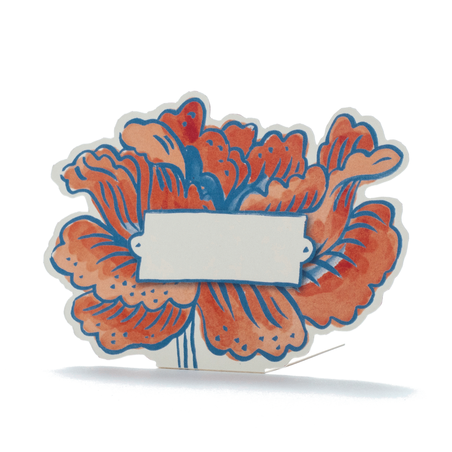 A die-cut freestanding place card featuring artwork of a deep orange flower with blue outlines, and a blue-framed blank rectangle in the center for a personal message.