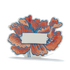 A die-cut freestanding place card featuring artwork of a deep orange flower with blue outlines, and a blue-framed blank rectangle in the center for a personal message.