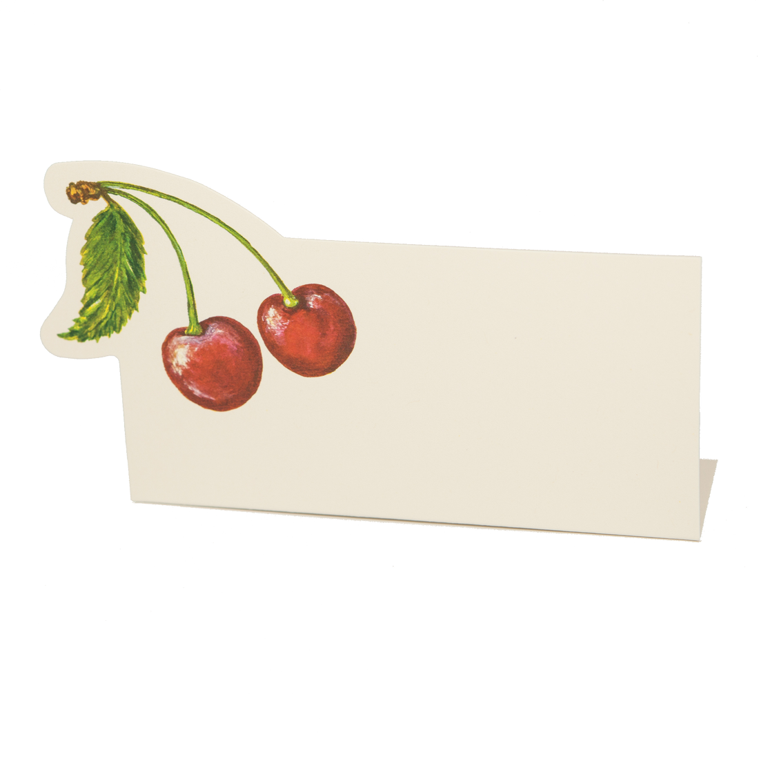 A white, rectangular, freestanding place card featuring a pair of illustrated cherries with a green leaf and stems adorning the upper left corner.