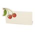 A white, rectangular, freestanding place card featuring a pair of illustrated cherries with a green leaf and stems adorning the upper left corner.
