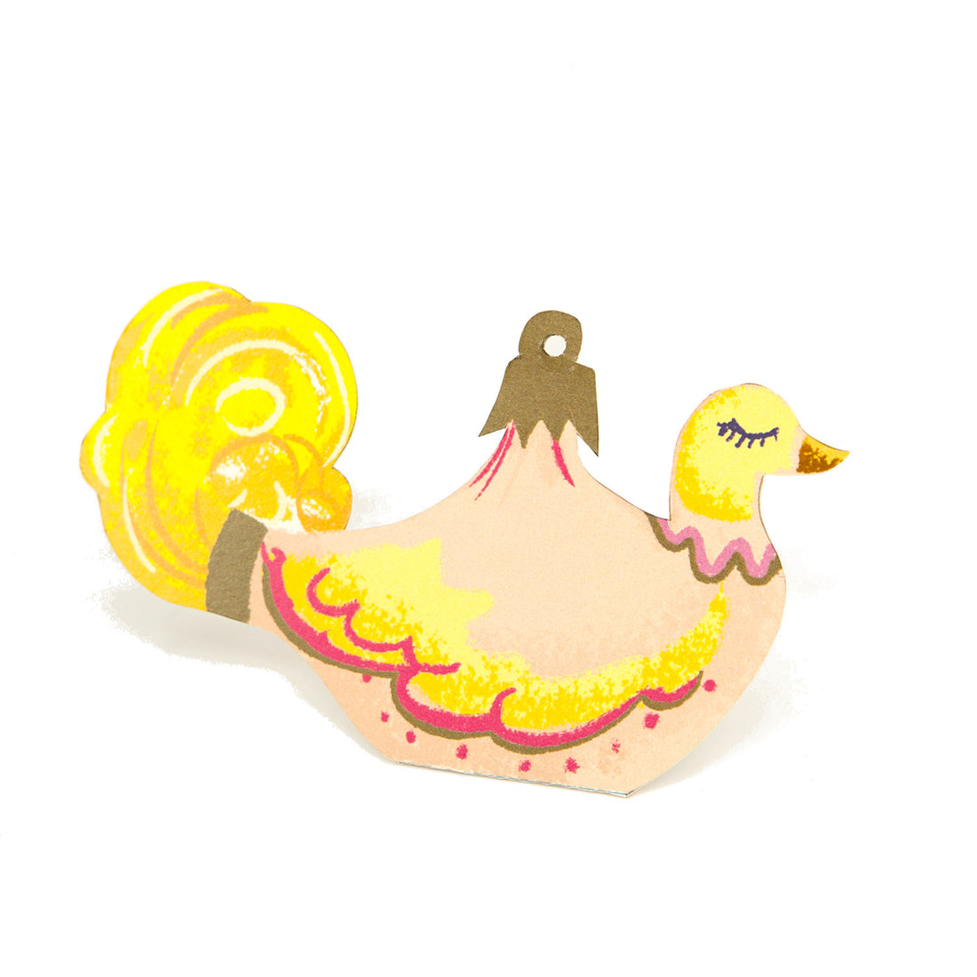 An illustrated, die-cut freestanding place card depicting a vintage-style ornament of a cream and yellow bird with gold and pink accents.
