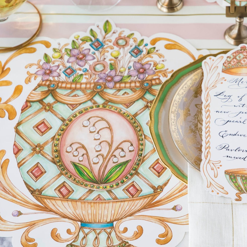 The Die-cut Exquisite Egg Placemat under an elegant Easter place setting.