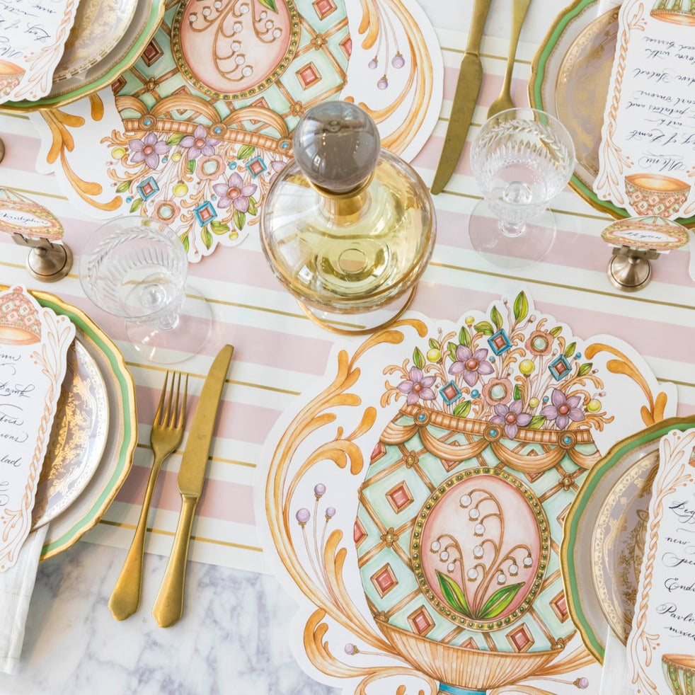 The Die-cut Exquisite Egg Placemat under an elegant Easter table setting, from above.