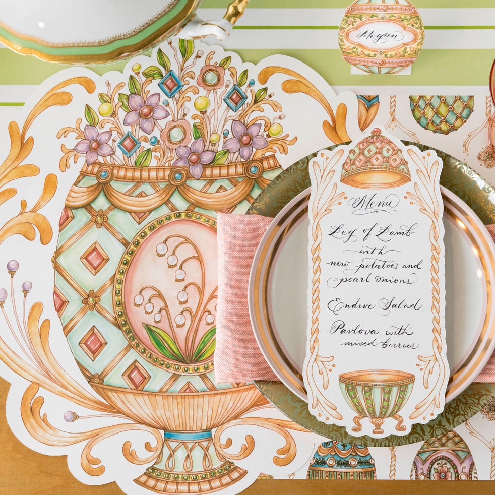 The Die-cut Exquisite Egg Placemat under an elegant Easter place setting, from above.