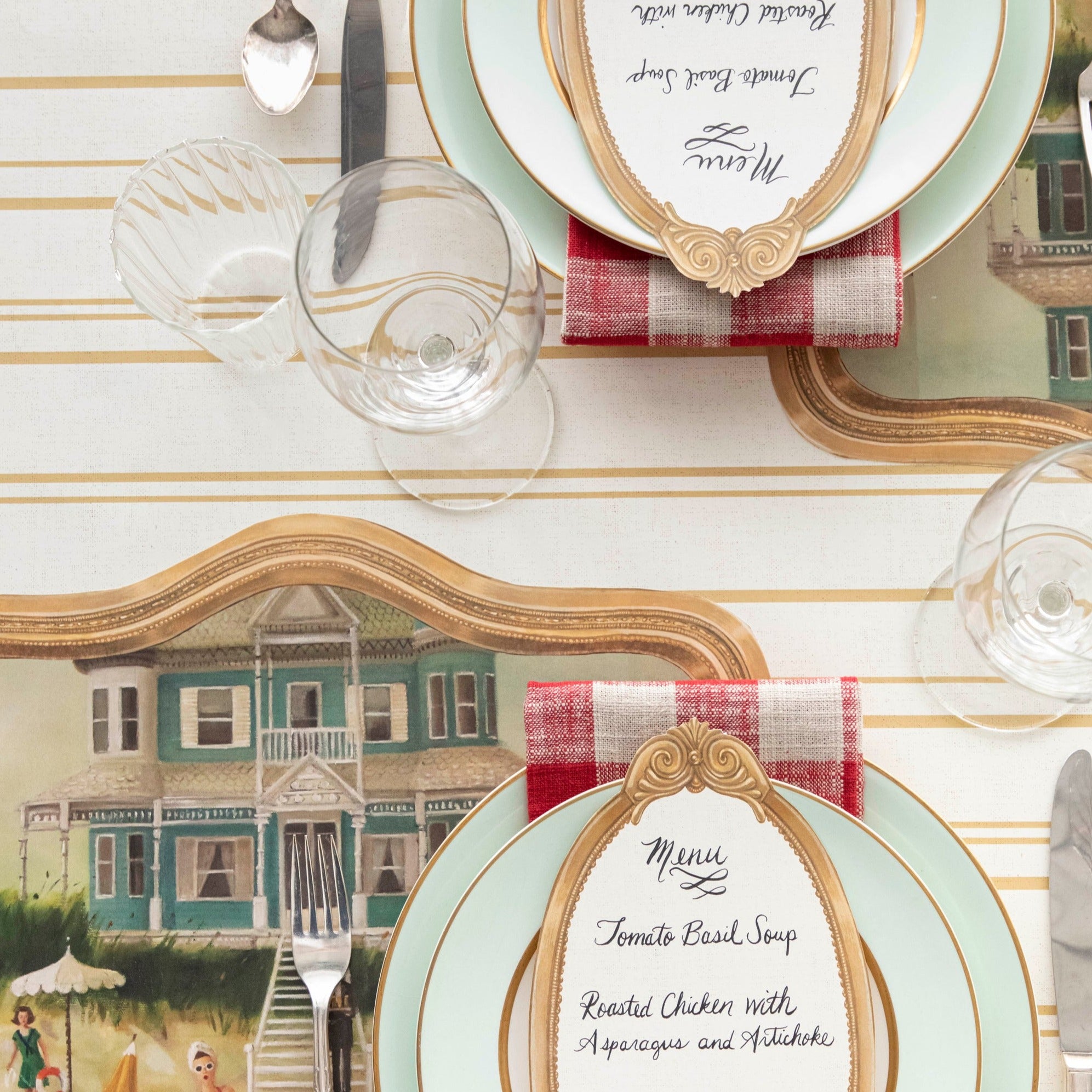 Close-up of the Antique Gold Stripe Runner under an elegant table setting, from above.