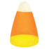 A die-cut illustration of a large piece of candy corn, in the classic orange color with a yellow bottom and white tip.