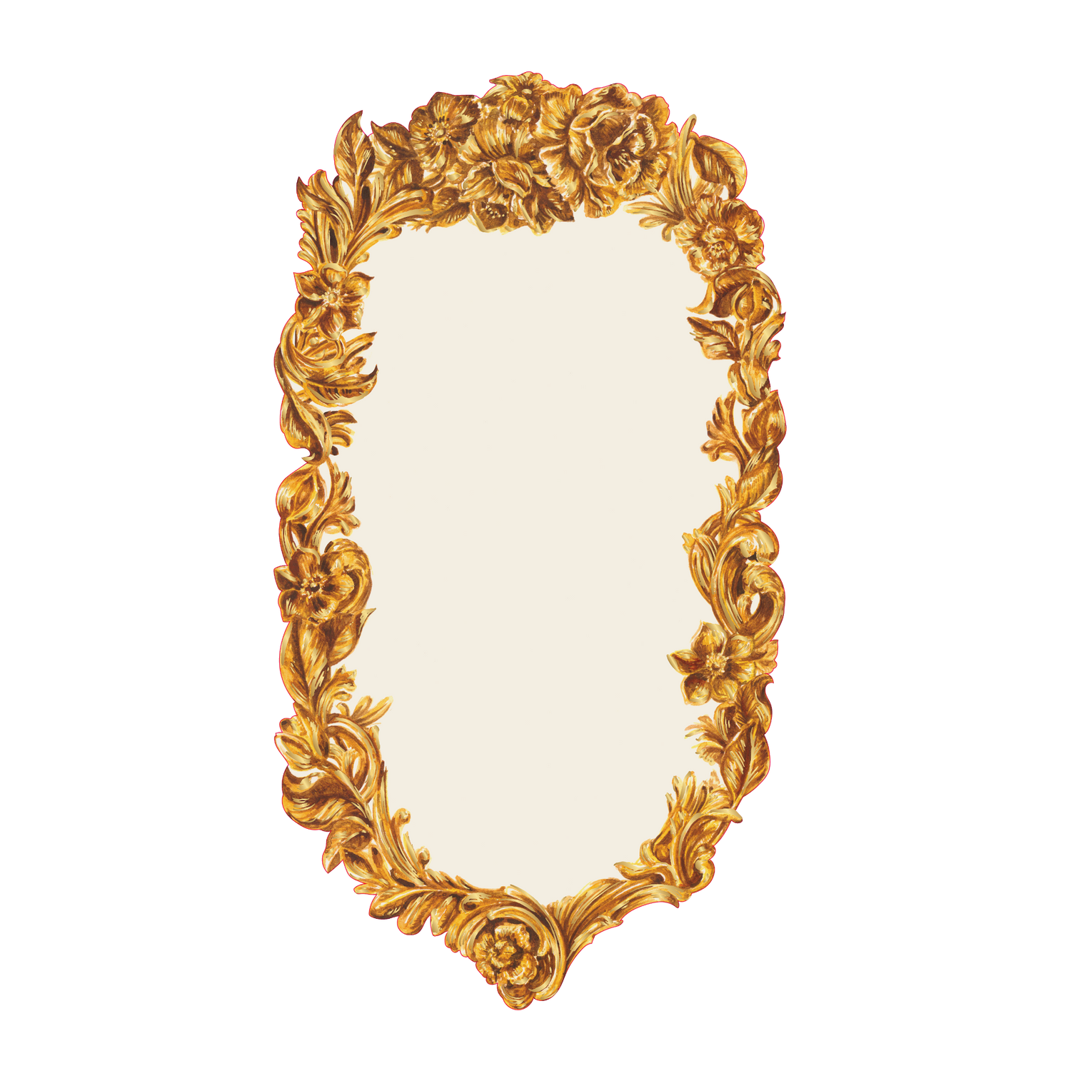 A white die-cut table accent framed with ornate gold floral filagree, perfect for hand-written menus and personalization.