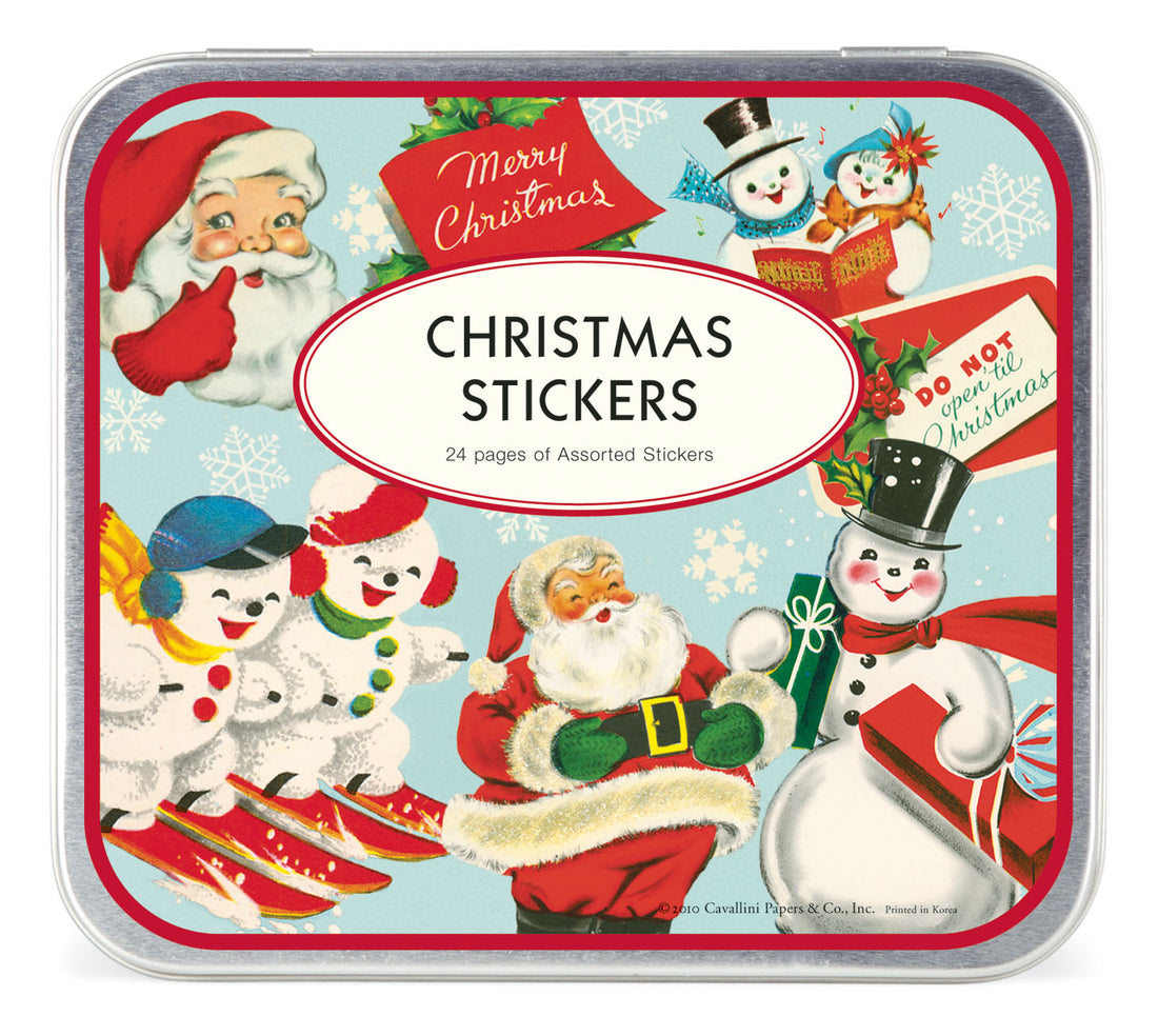 Christmas sticker tin with various holiday ephemera printed on it.