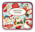 Christmas sticker tin with various holiday ephemera printed on it. 