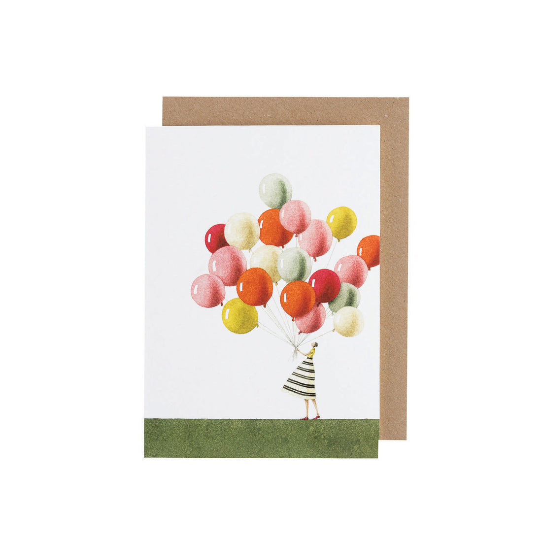 An environmentally sustainable Hester & Cook Balloons Card, Set of 10, featuring a girl in a striped dress holding a bunch of colorful balloons.